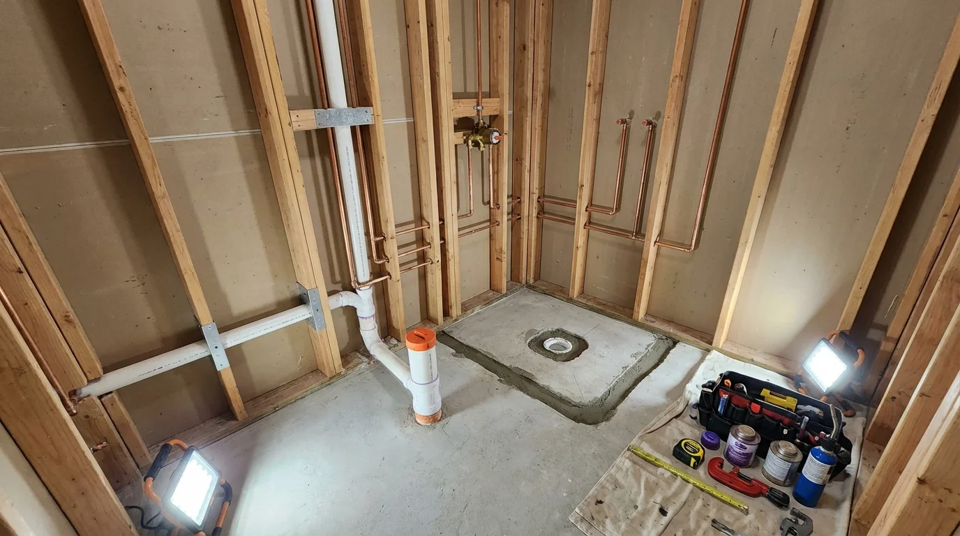 Bathroom rough-in plumbing during remodel by Johns Plumbing LLC in Missouri City