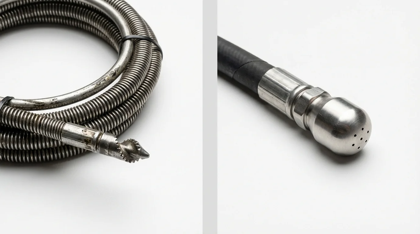 Drain snake cable and hydro jetting nozzle used for drain cleaning in Missouri City, TX
