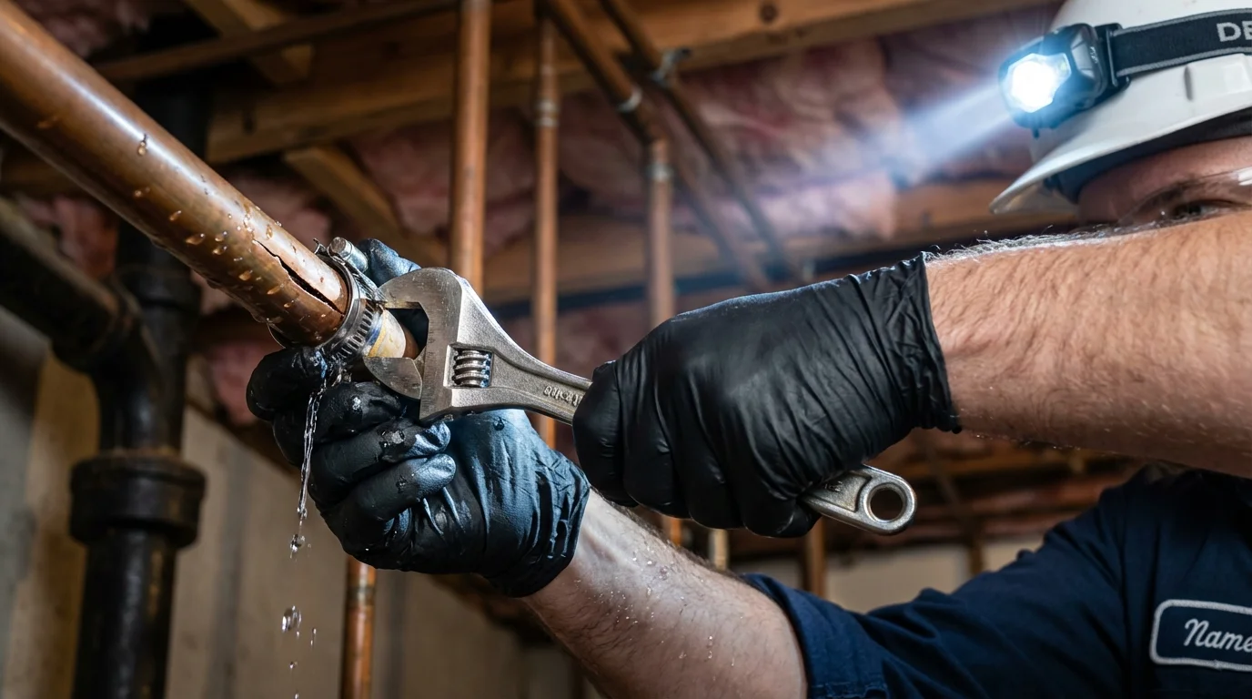 Emergency pipe clamp repair being performed by a Johns Plumbing LLC plumber in Missouri City
