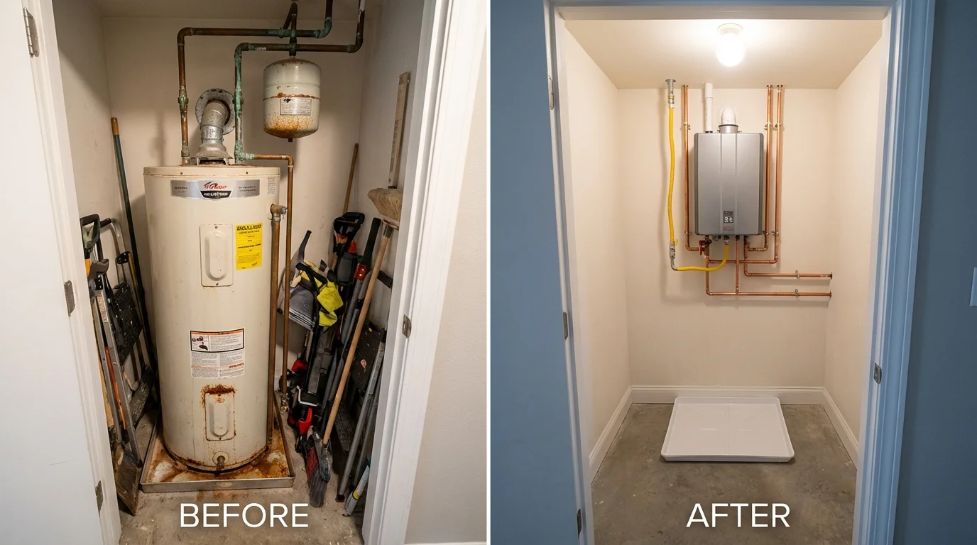 Tank water heater versus wall-mounted tankless unit comparison for Missouri City, TX homeowners