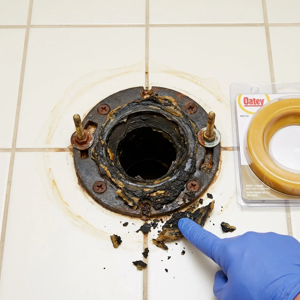Failed wax ring showing water seepage at the base of a toilet in a Missouri City, TX home