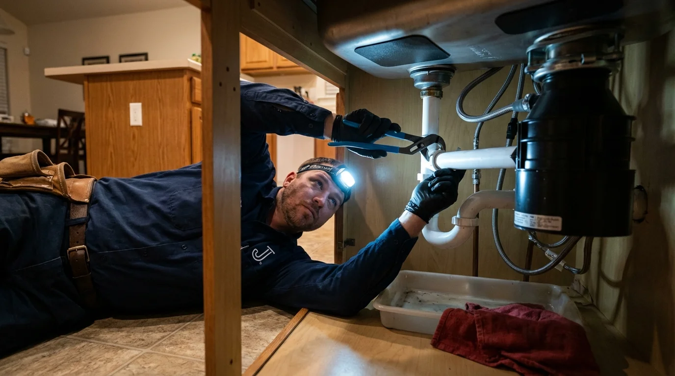 P-trap and supply line connections under a kitchen sink showing a common leak point in Missouri City, TX